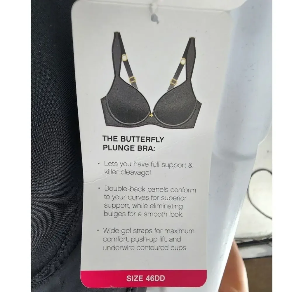 New NWT Ashley Stewart Butterfly Bra PLUNGE Size 46DD Black
